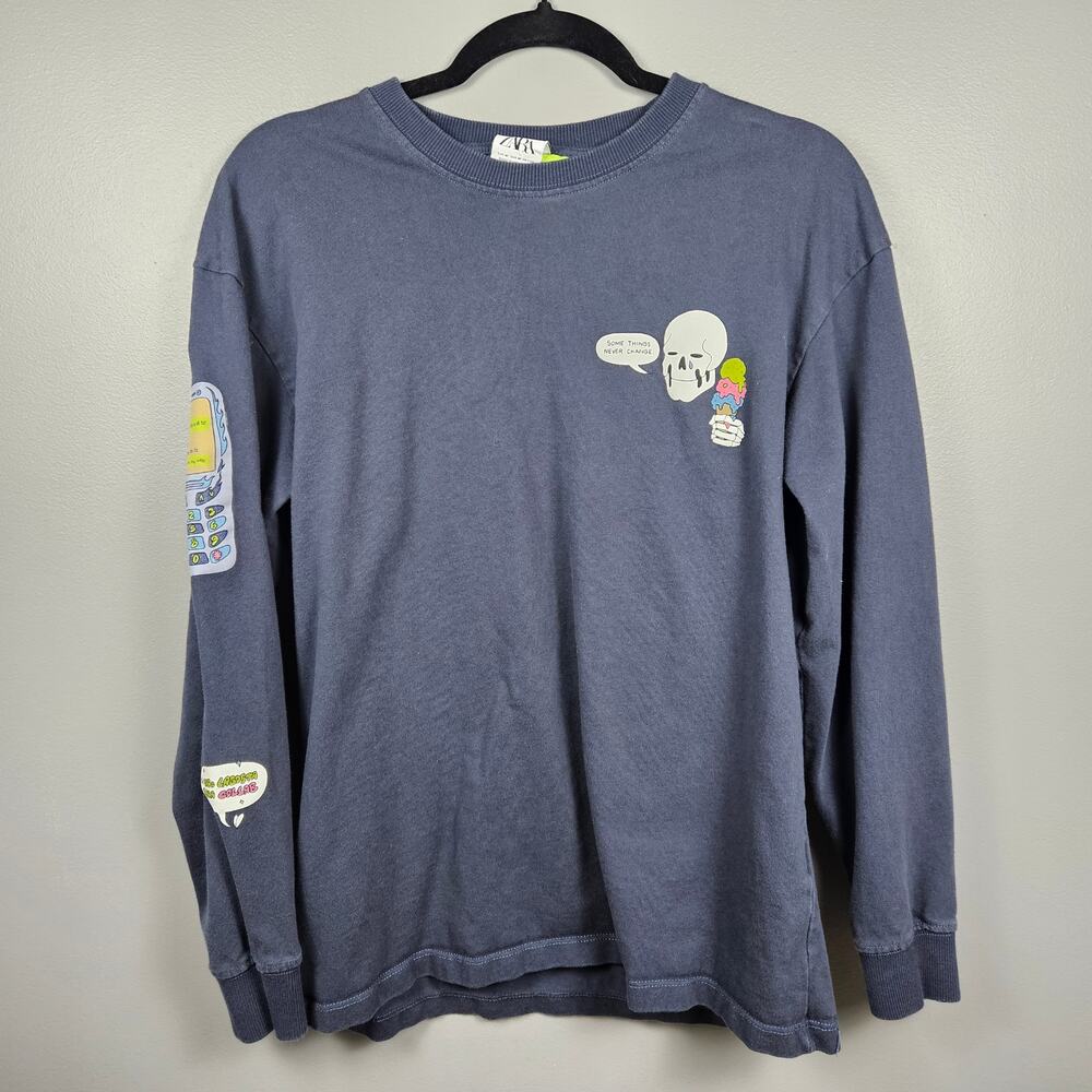 ZARA A Laro‎ Lagosta Graphic Sweatshirt Skull Diner Long Sleeve Blue Mens M